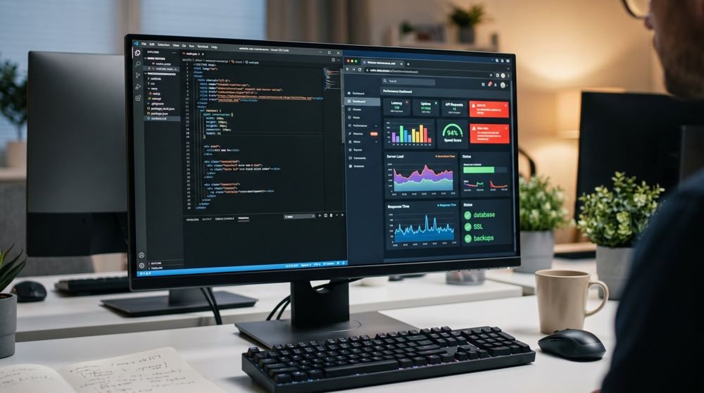 Monitor com código e painel de desempenho de um site
